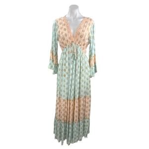 NEW Ananta Blue Long Sleeve Metallic Tapestry Colorblock A Line Maxi Dress L/XL